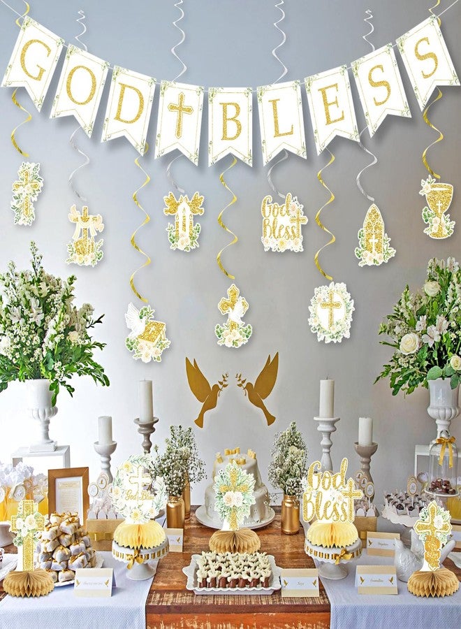 LANGASQUE Gold Baptism Decorations, Glitter God Bless Banner Hanging Swirls Honeycomb Centerpieces for Baby Shower Birthday First Communion, Baptism Party Supplies - Image 2